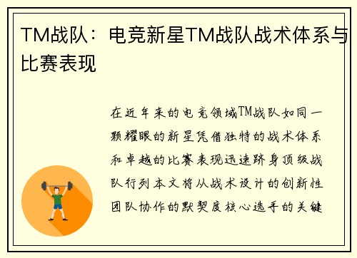 TM战队：电竞新星TM战队战术体系与比赛表现